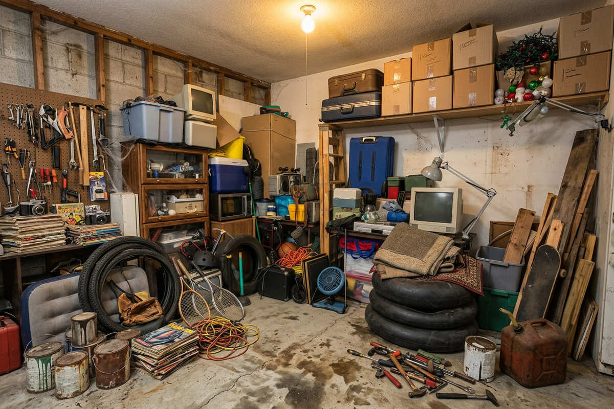 Cluttered garage being cleared out
